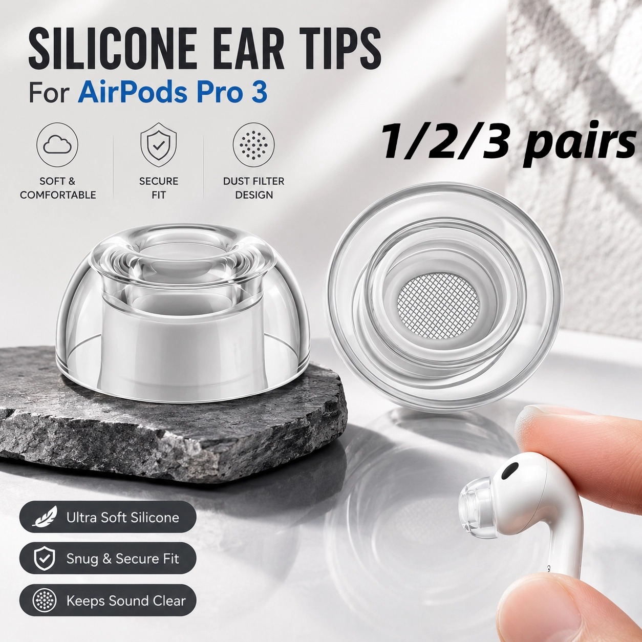 Silicone Ear Tip Replacement - 1/2/3 คู่จุกหูฟังซิลิโคนใสสำหรับแอร์พอดโปร 3 ฝาครอบหูฟังทดแทนพร้อมจุกหูฟังตาข่ายกันฝุ่น